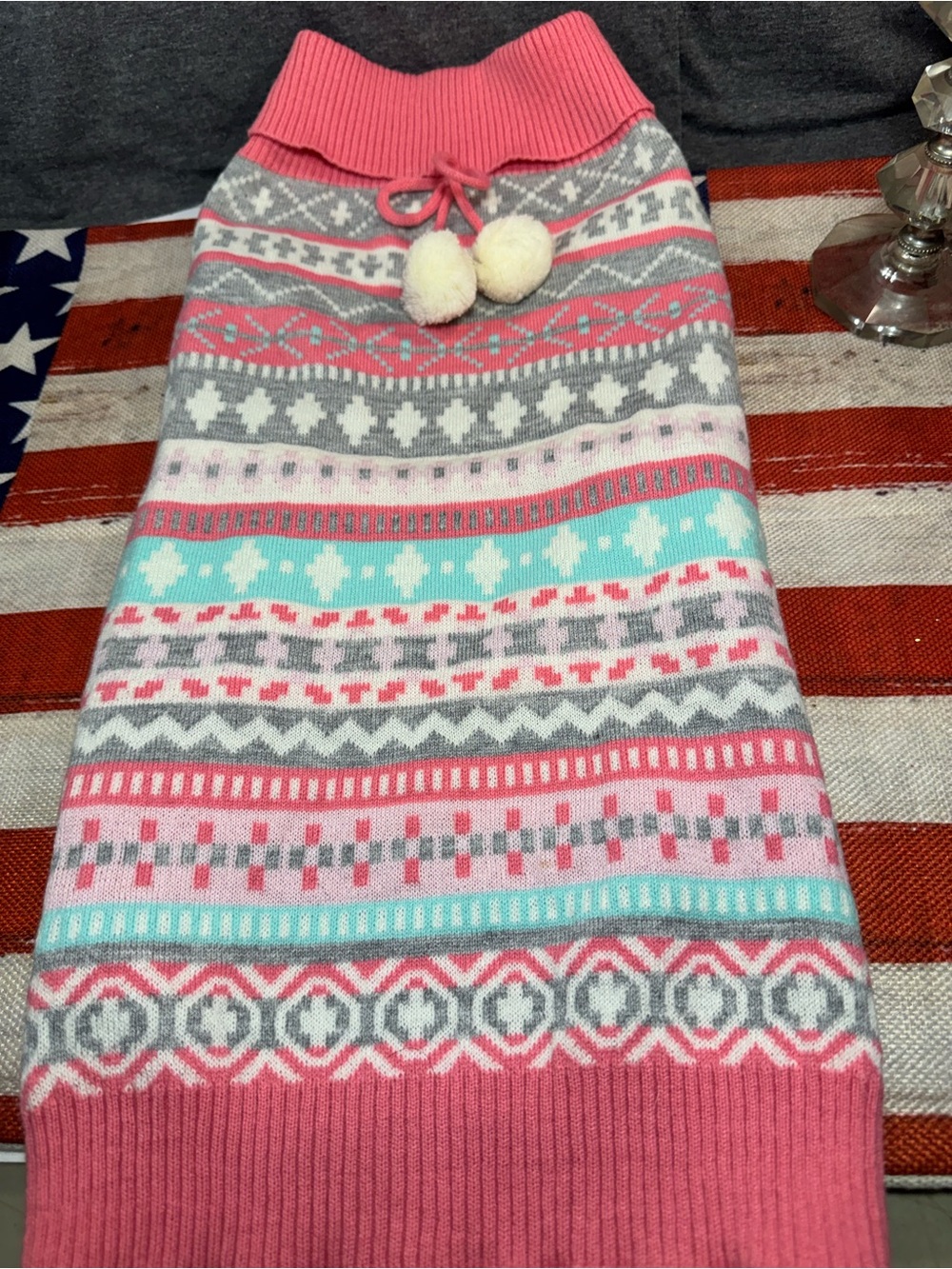 Cozy Pink Fair Isle Dog Sweater with Pom Drawstring